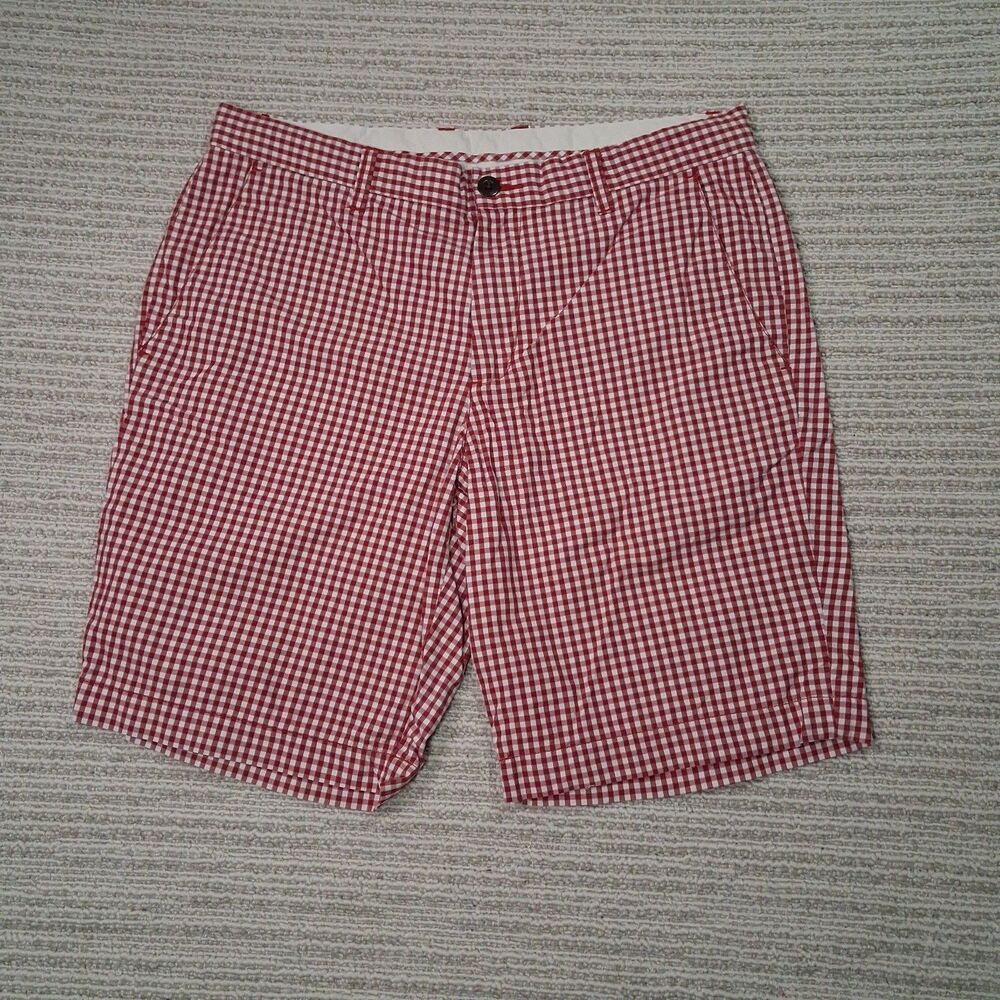 BEN SHERMAN SHORTS MENS 32 RED GINGHAM CHECK FLAT FRONT CASUAL COTTON CHINO